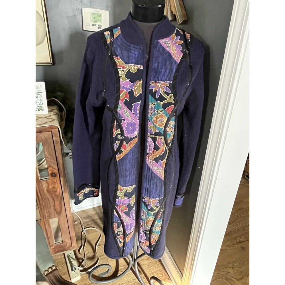 Koos of Course Appliqued Mandarin Collar Sweater Coat Size SMALL NAVY BLUE NWT